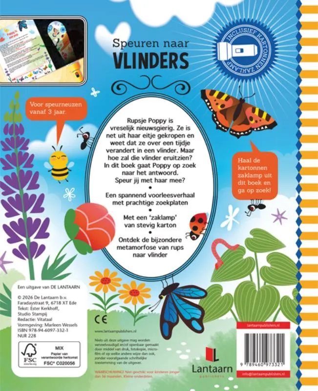 Speuren naar vlinders - Een uitdagend zoek- en (voor)leesboek met kartonnen zaklamp | 9789460973321 Speuren naar vlinders - Een uitdagend zoek- en (voor)leesboek met kartonnen zaklamp - Afbeelding 2