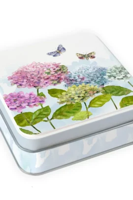 Blikje met hortensia's en vlinders