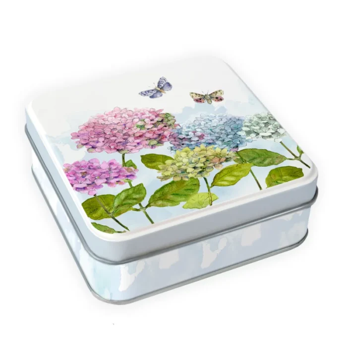Blikje met hortensia's en vlinders