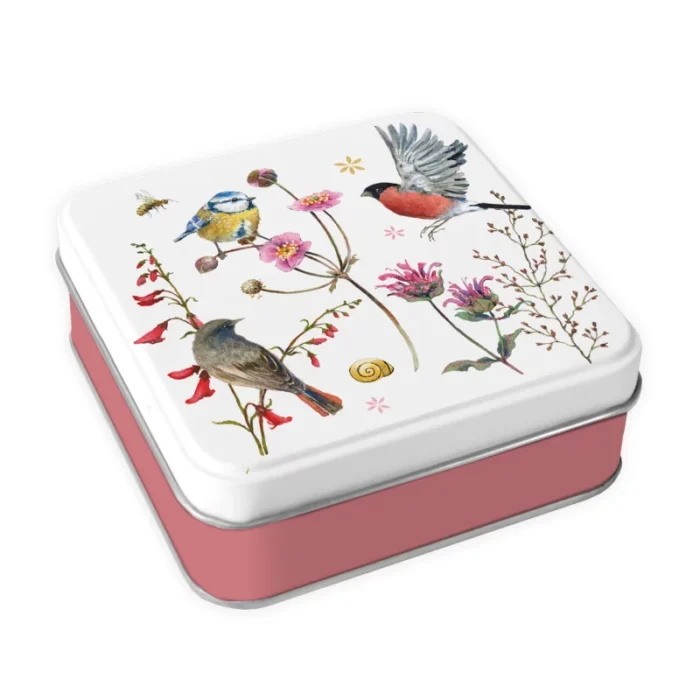 Blikje met vogels en bloemen